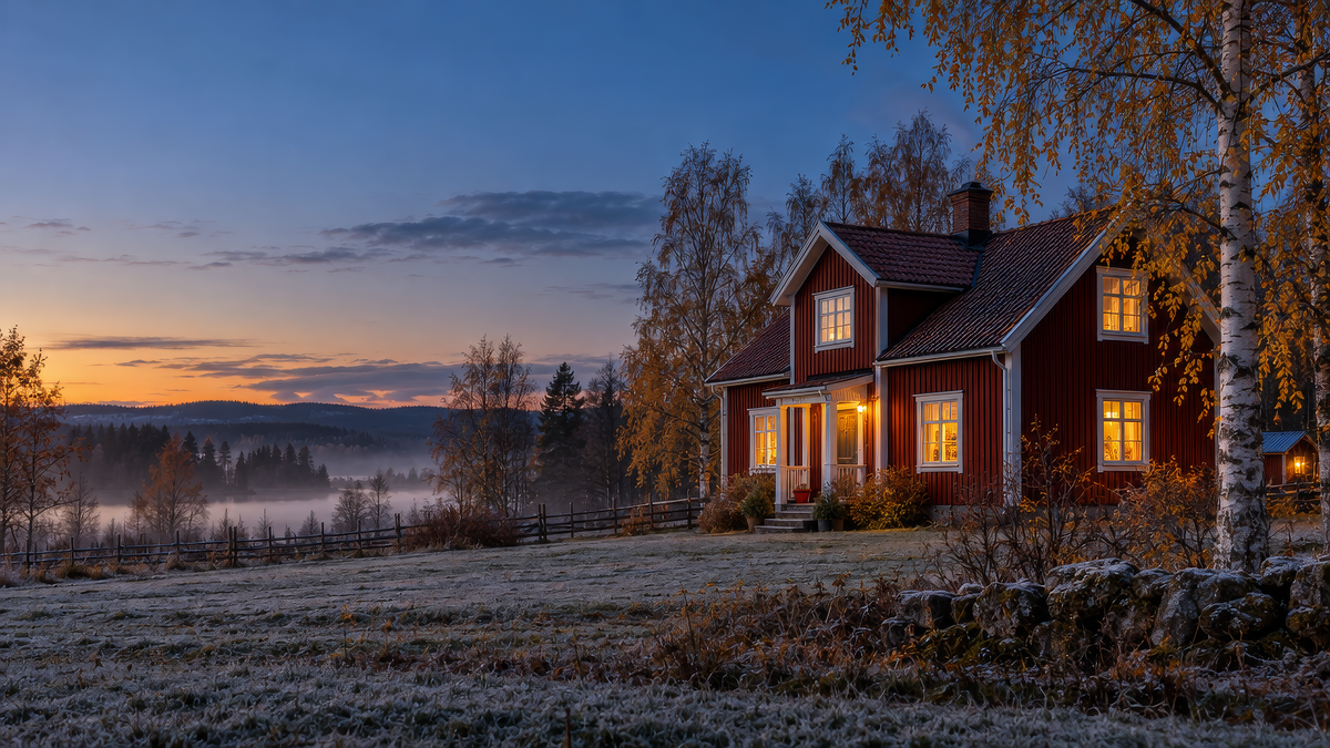 Rött svenskt hus i höstskymning