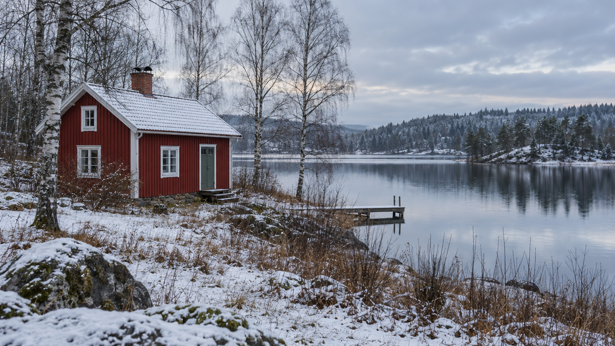 Rött fritidshus vid sjö i första snön